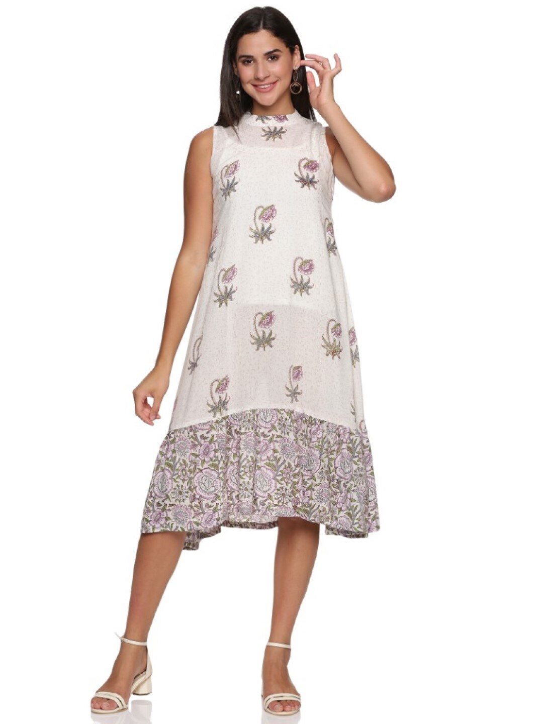 

WEAVERS SAGA Floral Printed Sleeveless Pure Cotton A-Line Dress, Cream