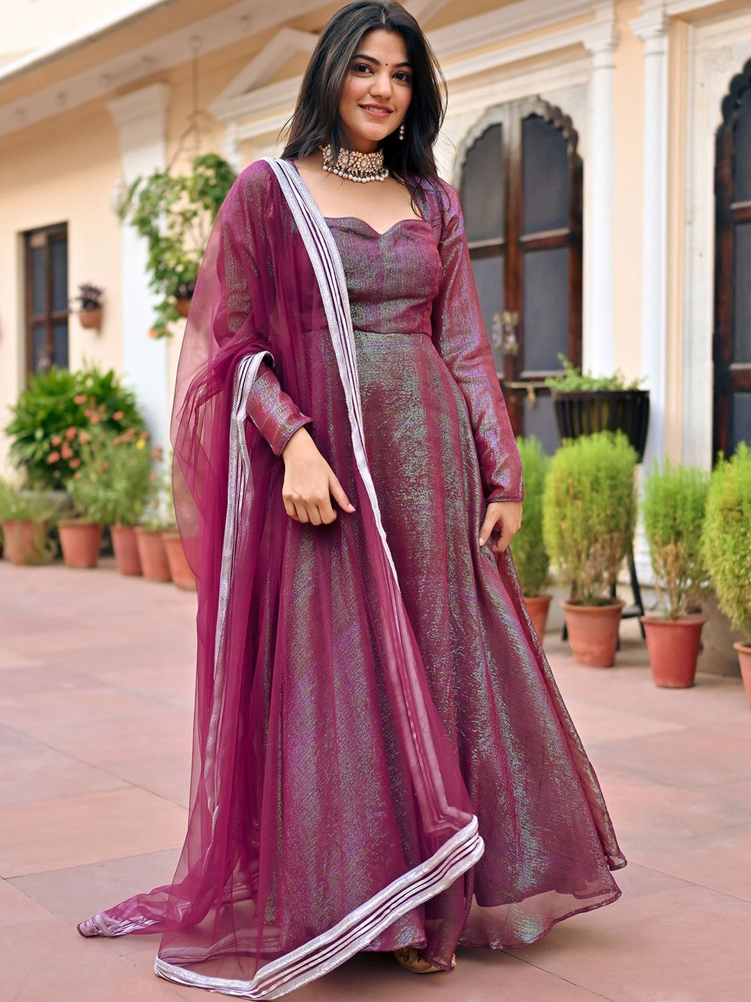 

Lavanya The Label Sweetheart Neck Tissue Anarkali Kurta & Trousers With Dupatta, Magenta