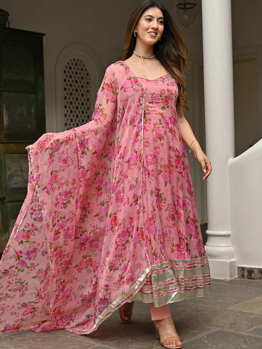 

Lavanya The Label Floral Printed Shoulder Straps Beads and Stones Anarkali Kurta Set, Pink