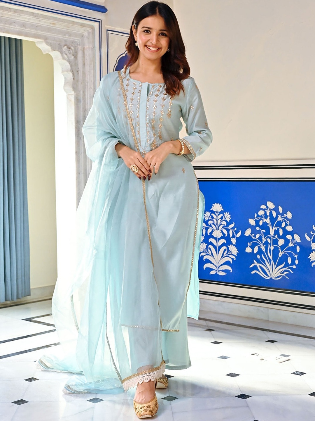 

Lavanya The Label Ethnic Motifs Embroidered Pure Silk Kurta With Trousers & Dupatta, Blue