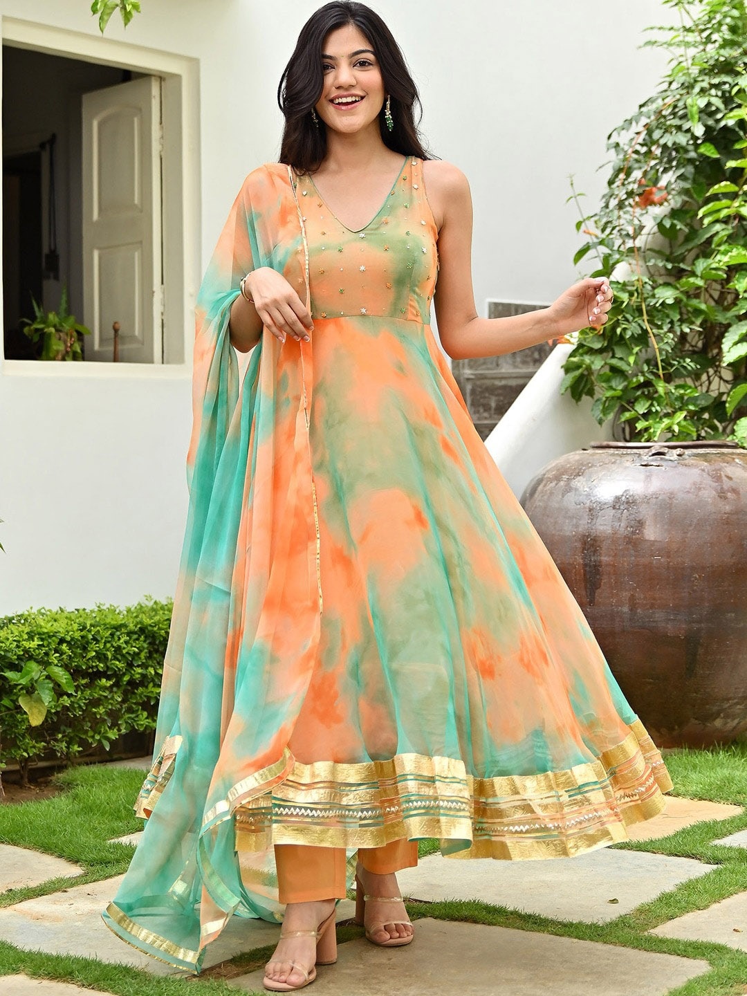 

Lavanya The Label Tie-Dye Printed Anarkali Kurta With Trousers & Dupatta, Orange