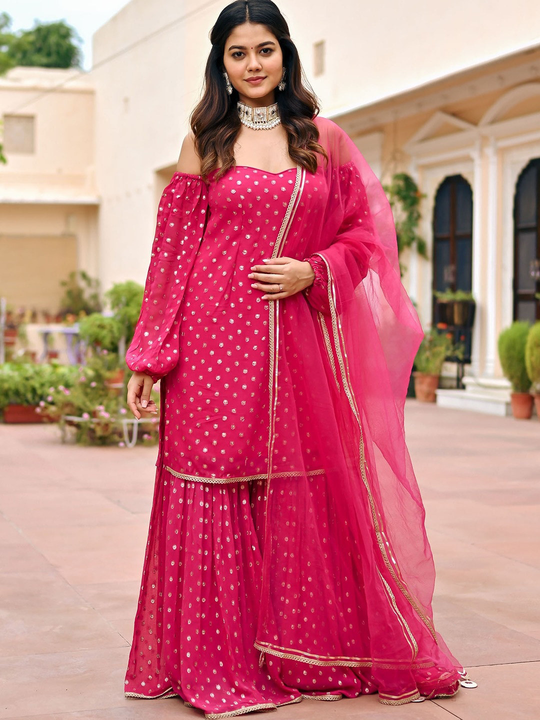 

Lavanya The Label Sweetheart Neck Kurta with Sharara & Dupatta, Pink