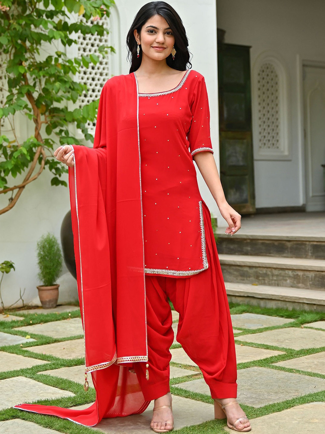 

Lavanya The Label Regular Sequinned Kurta & Patiala With Dupatta, Red