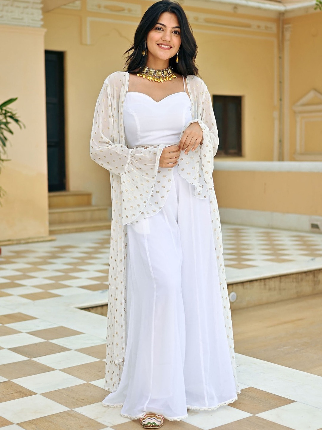 

Lavanya The Label V-Neck Shoulder Straps Top & Palazzo With Shrug, White