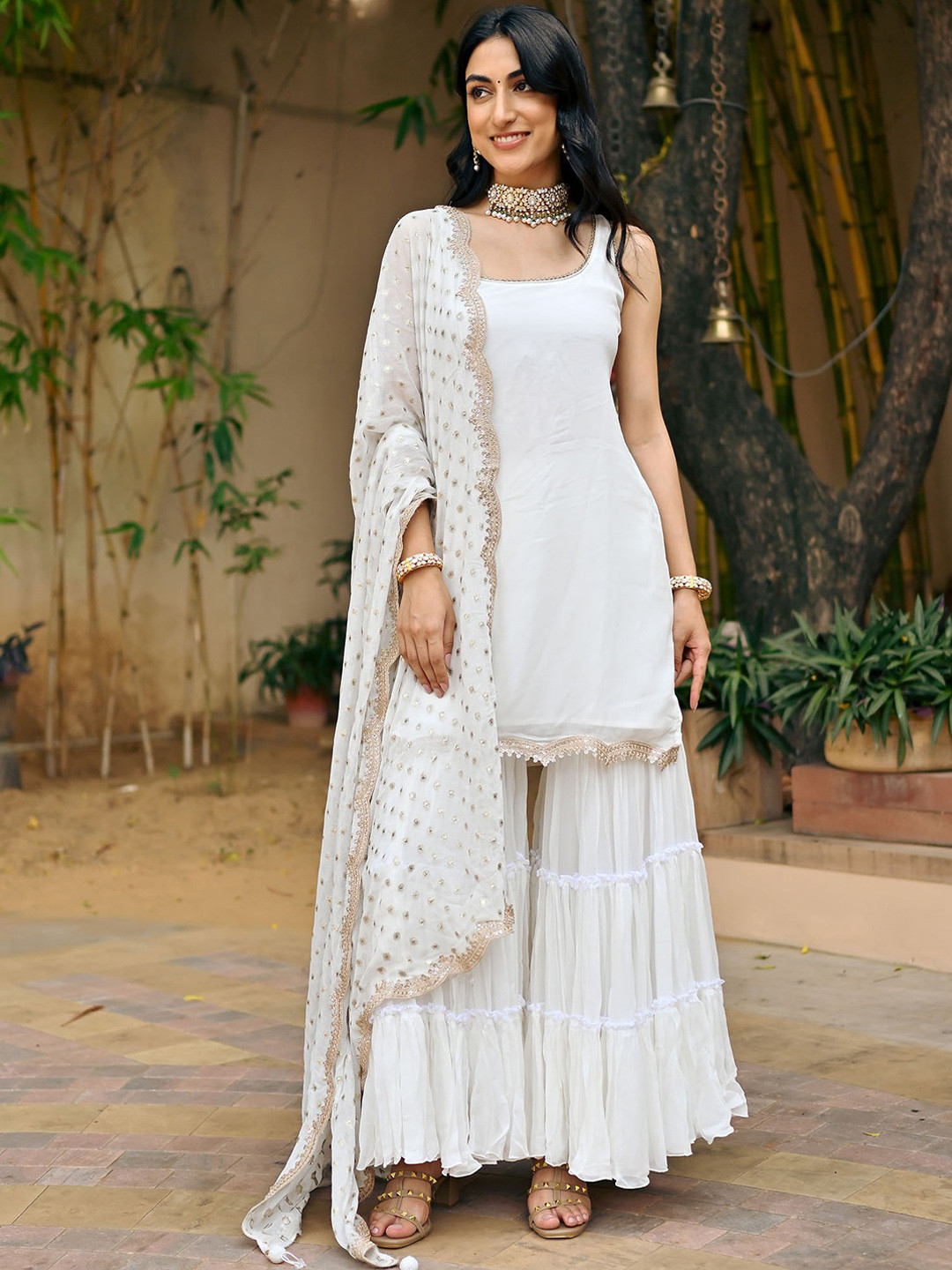 

Lavanya The Label Regular Beads and Stones Straight Kurta & Sharara With Dupatta, White