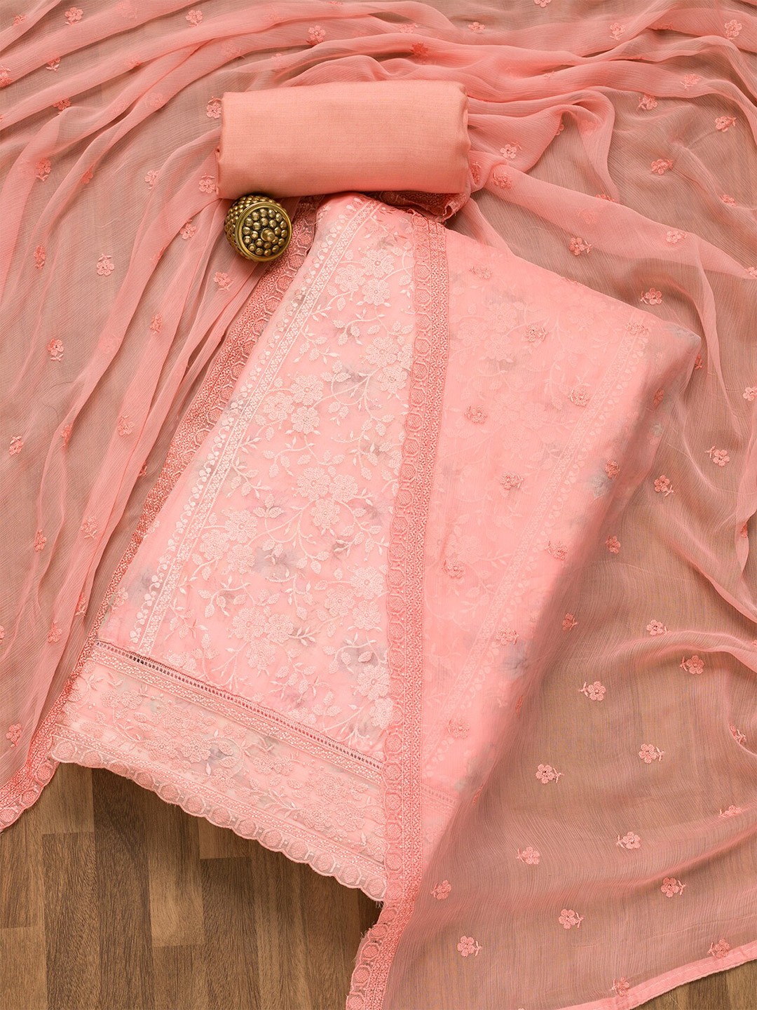 

Koskii Embroidered Organza Unstitched Dress Material, Peach