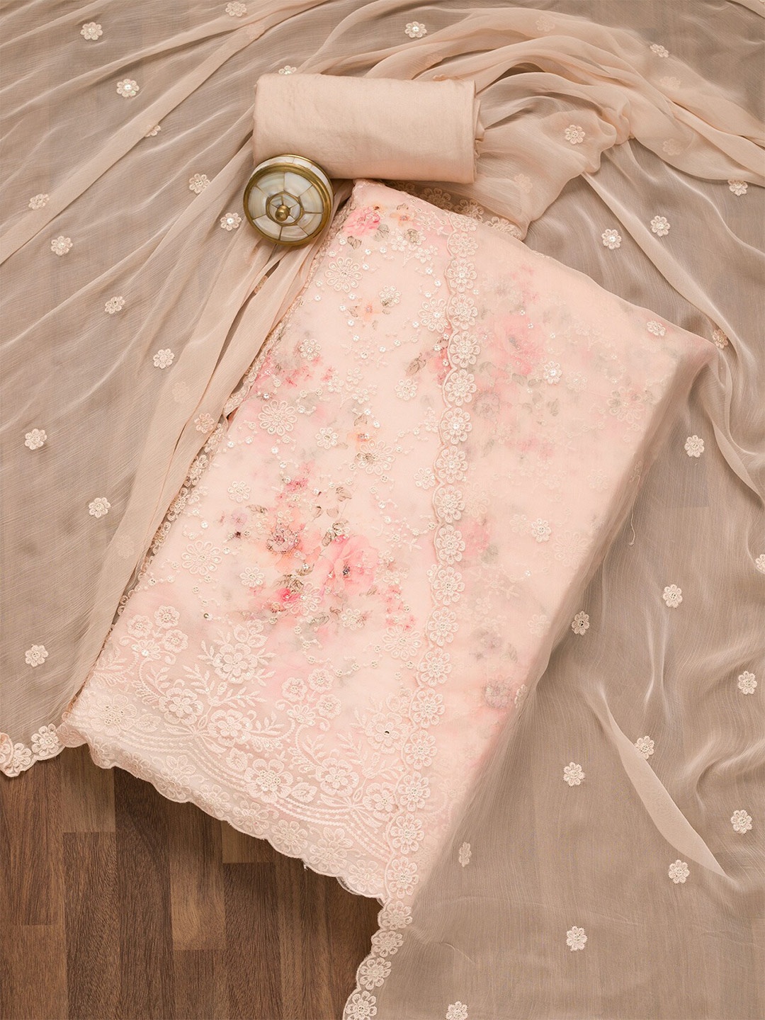 

Koskii Floral Embroidered Sequinned Unstitched Dress Material, Peach