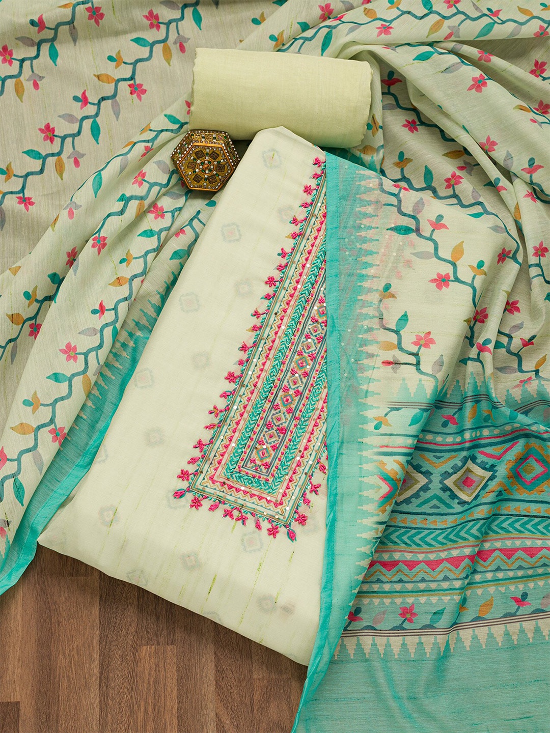 

Koskii Ethnic Motifs Printed Thread Work Unstitched Dress Material, Green