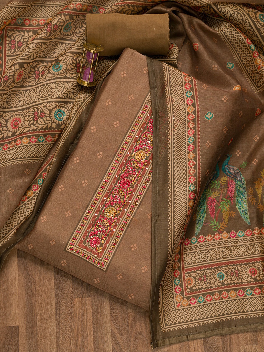 

Koskii Ethnic Motifs Printed Thread Work Unstitched Dress Material, Brown