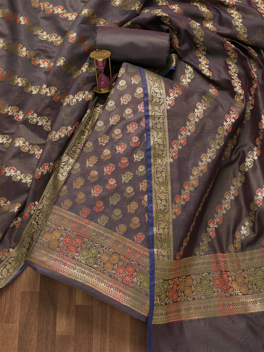 

Koskii Ethnic Motifs Woven Design Zari Unstitched Dress Material, Grey
