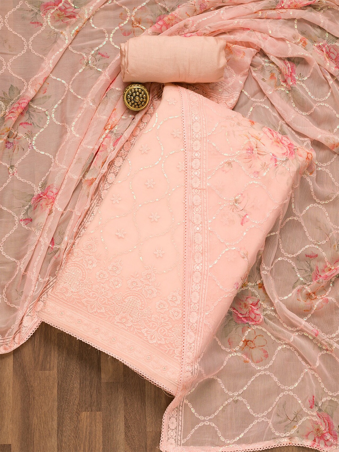 

Koskii Floral Embroidered Unstitched Dress Material, Peach