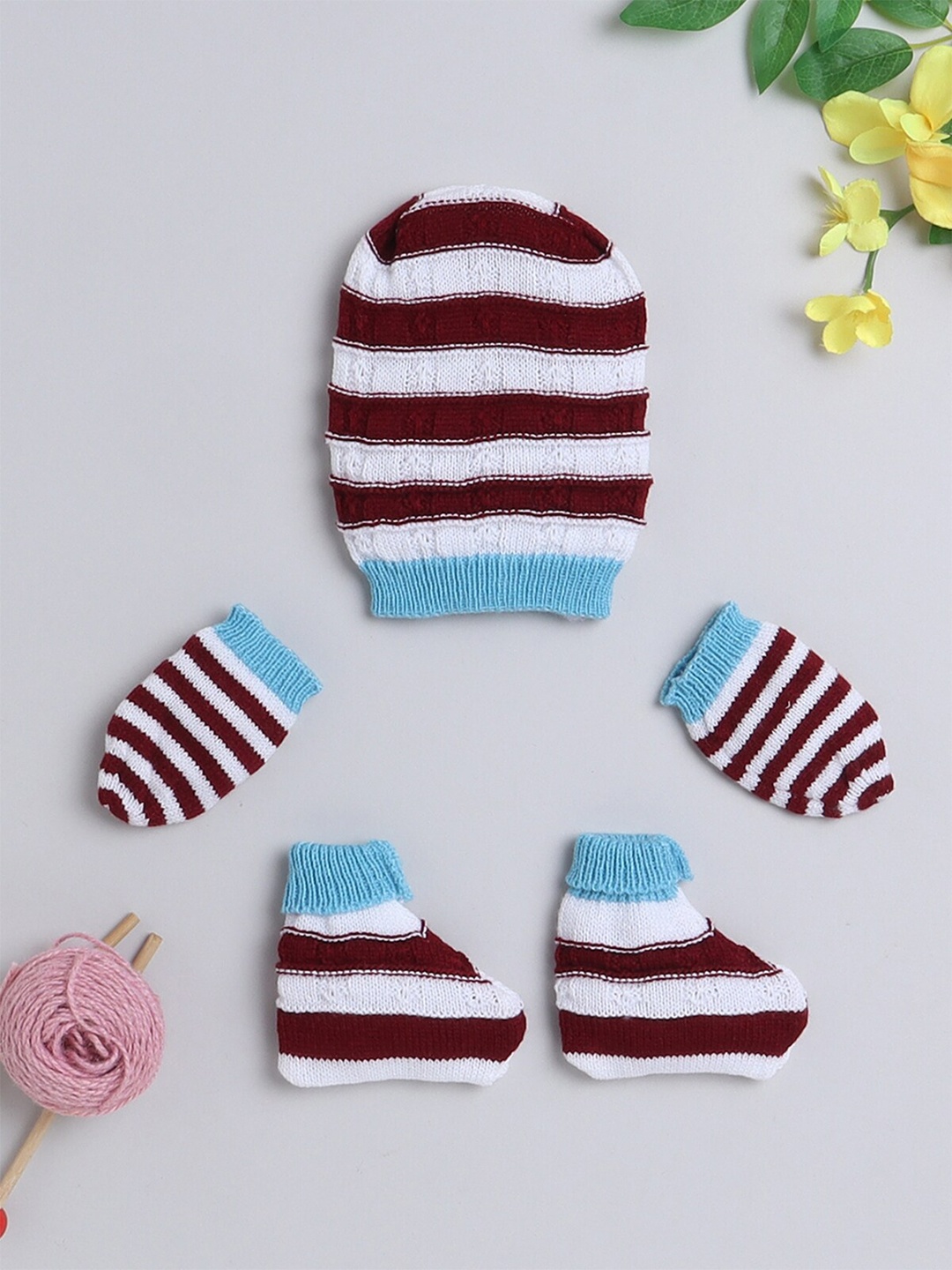 

Little Angels Infant Kids Striped Acrylic Beanie With Mittens & Socks, Maroon