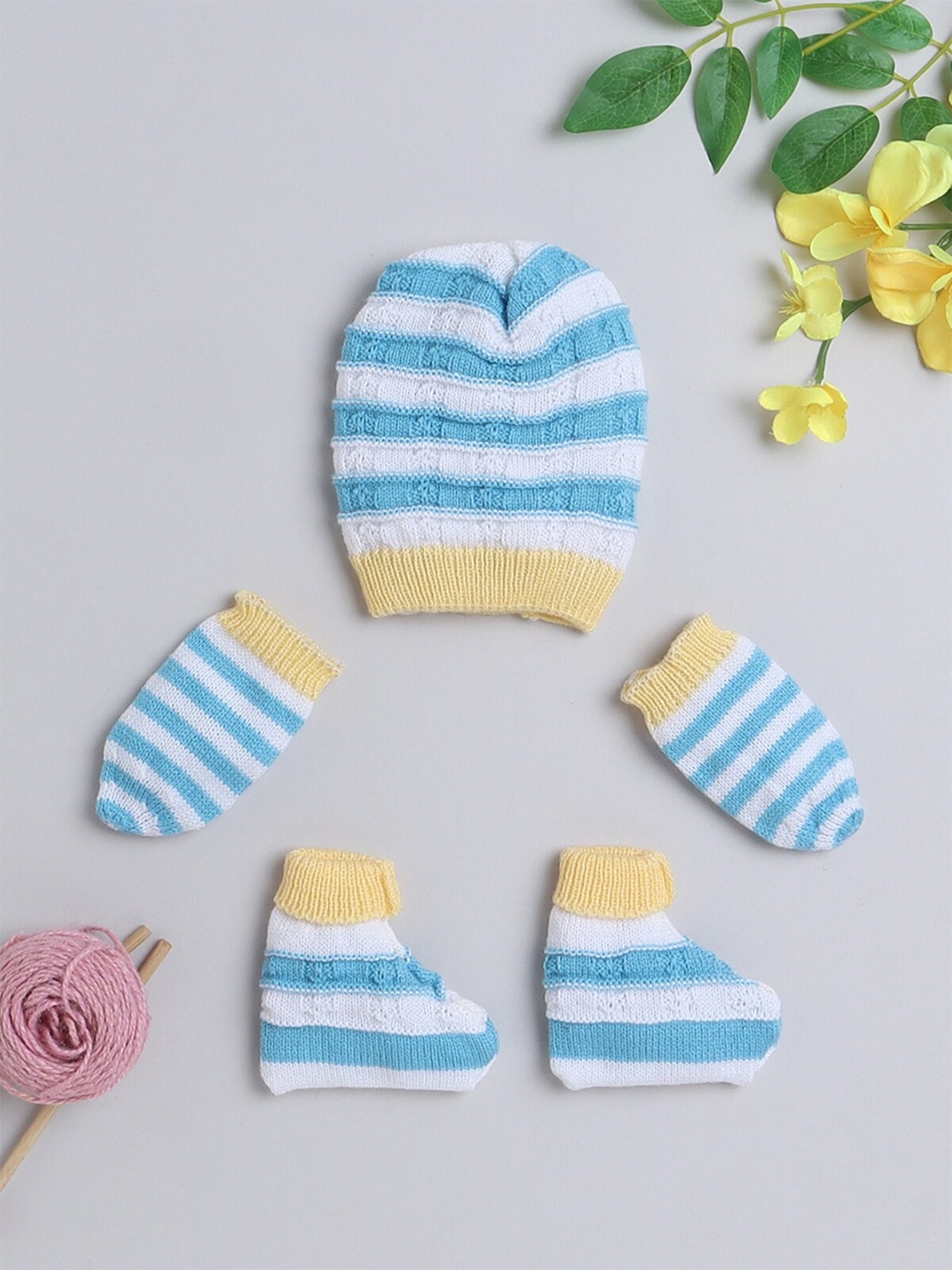 

Little Angels Infants Kids Striped Beanie with Mittens & Socks, White
