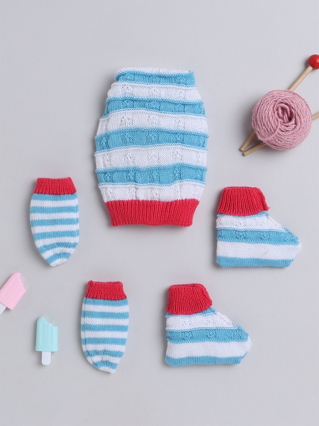 

Little Angels Infant Kids Striped Acrylic Beanie With Mittens & Socks, Blue