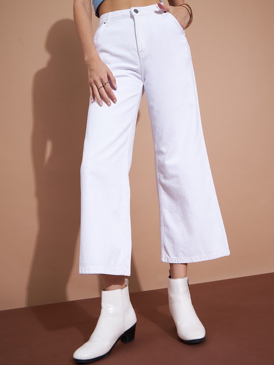 

DressBerry Women White Flared High-Rise Cotton Cropped Jeans