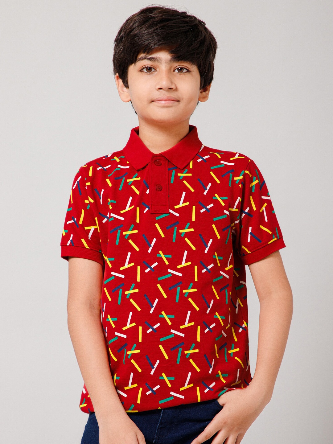 

Alan Jones Boys Geometric Printed Polo Collar Regular T-shirt, Red