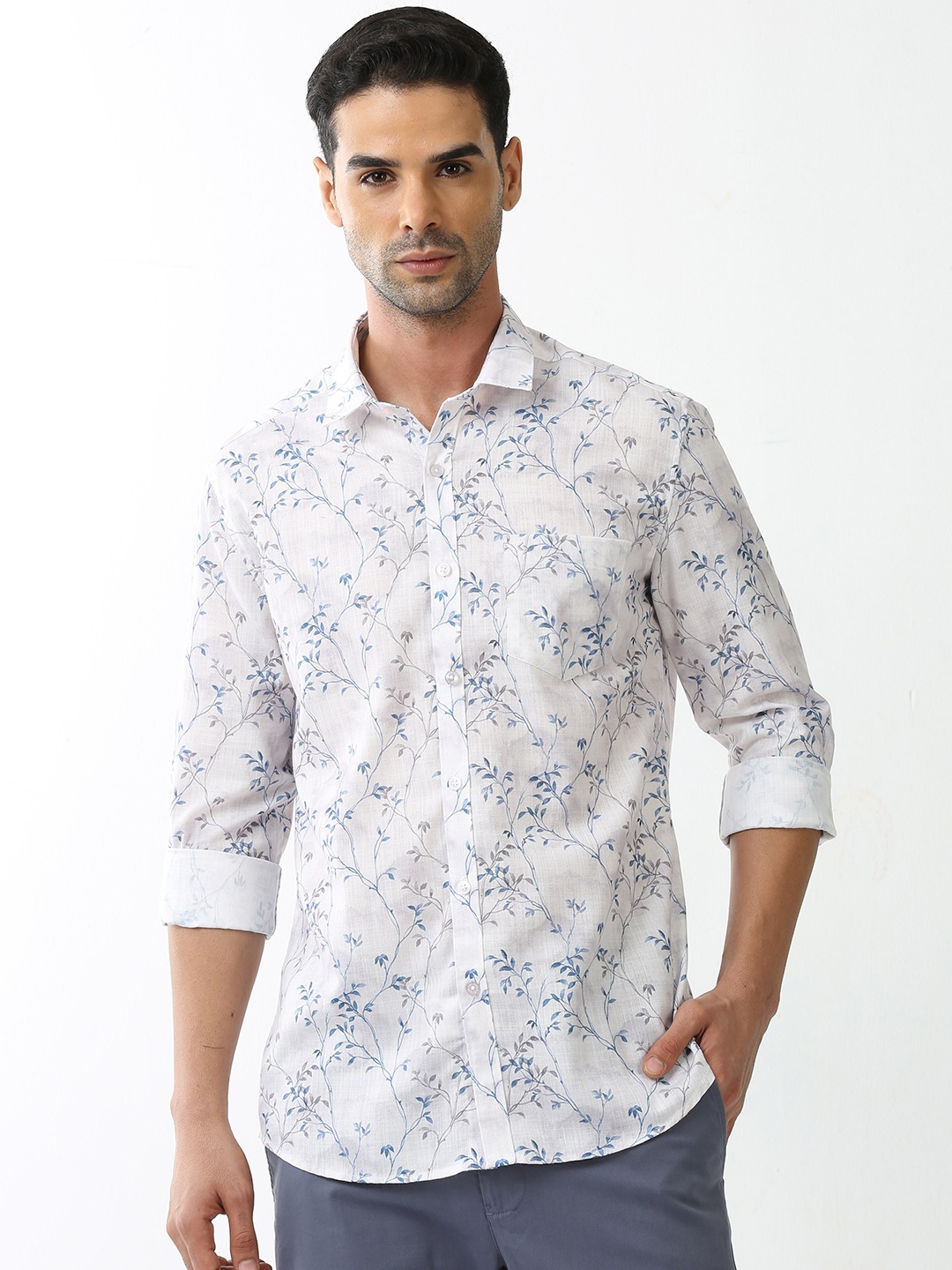

Classic Polo Standard Slim Fit Floral Printed Cotton Casual Shirt, White