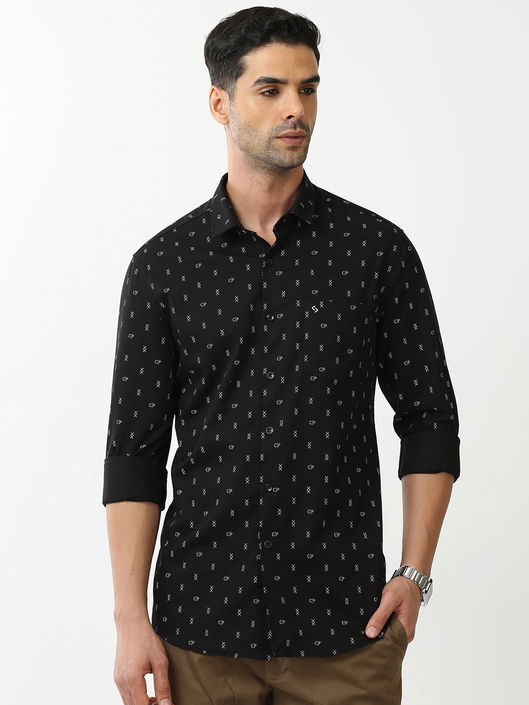 

Classic Polo Standard Slim Fit Geometric Printed Cotton Casual Shirt, Black