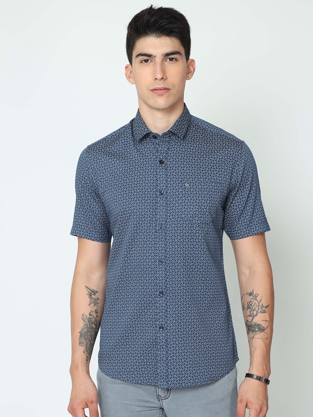

Classic Polo Standard Slim Fit Micro Ditsy Printed Cotton Casual Shirt, Blue