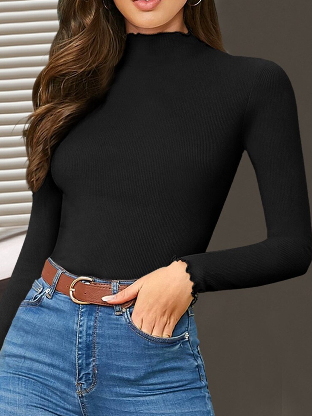 

Eyebogler Turtle Neck Ribbed Top, Black