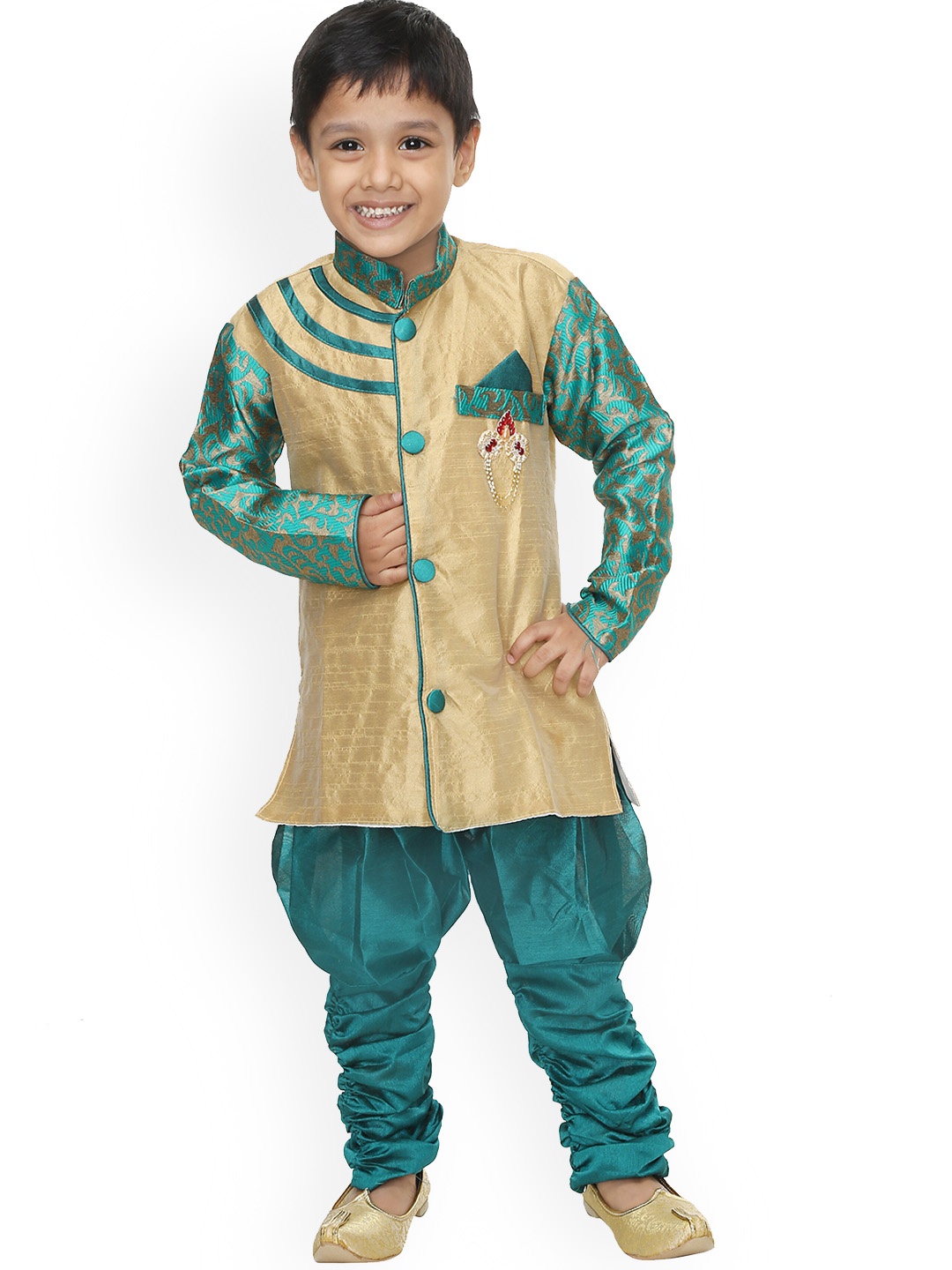 

BAESD Boys Woven Design Mandarin Collar Sherwani With Jodhpuri Pants, Green