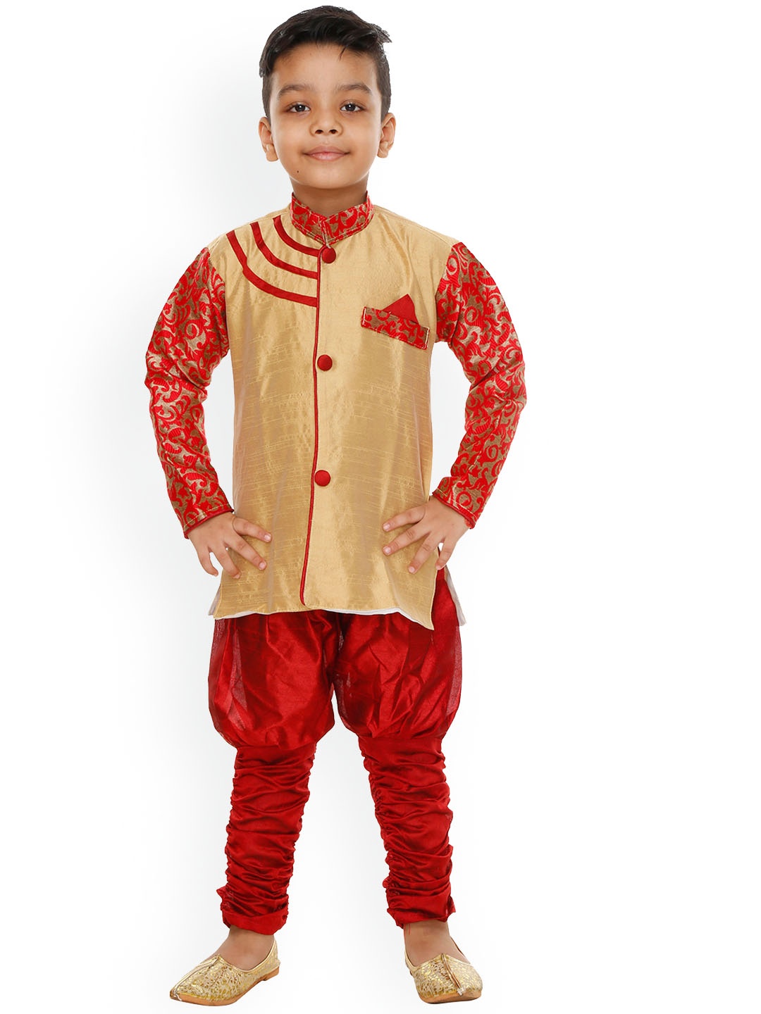 

BAESD Boys Self Design Silk Sherwani With Churidar, Red