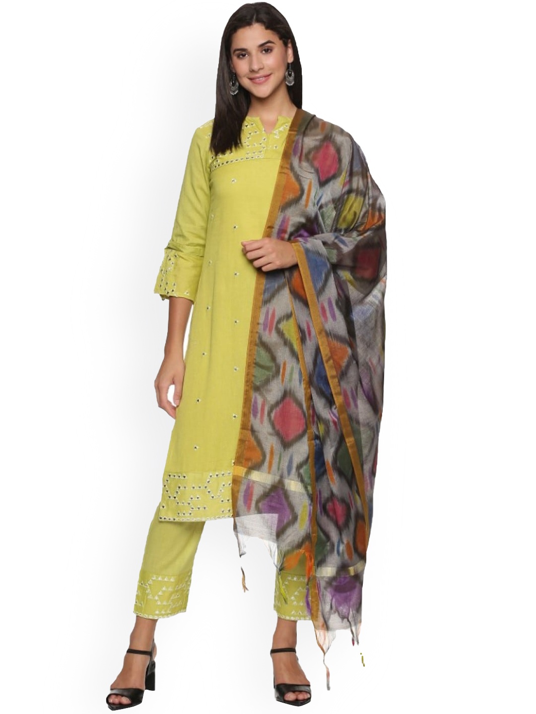 

WEAVERS SAGA Floral Embroidered Pure Cotton Kurta & Trousers With Dupatta, Green
