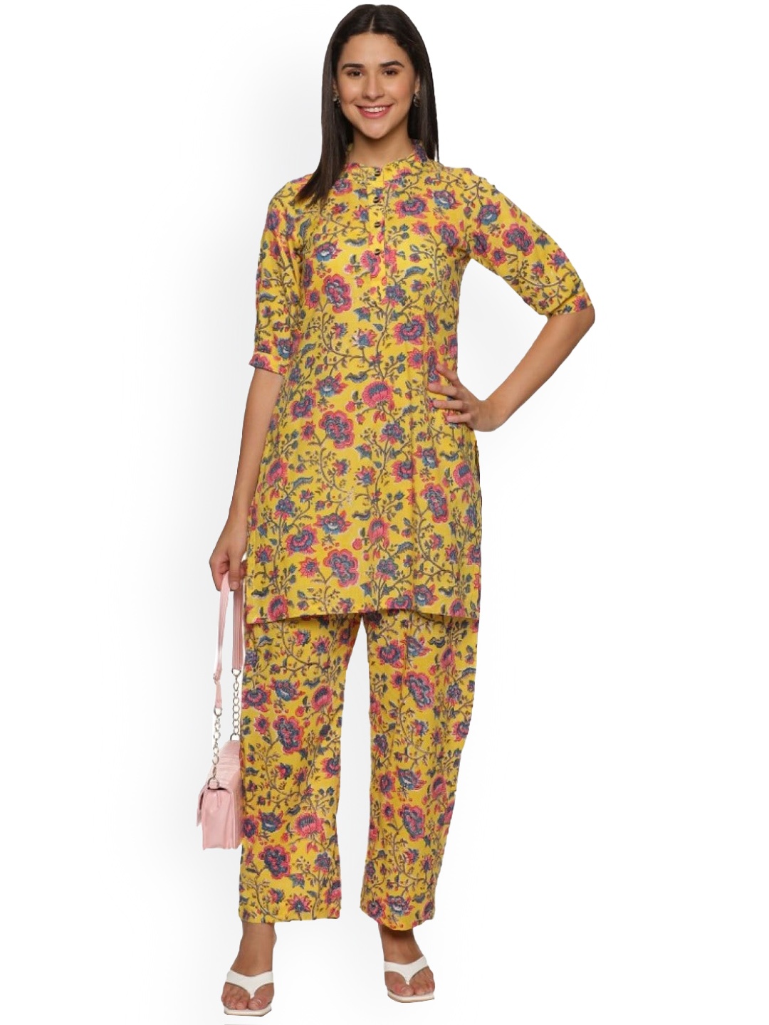 

WEAVERS SAGA Floral Printed Mandarin Collar Pure Cotton Kurti with Trousers, Yellow
