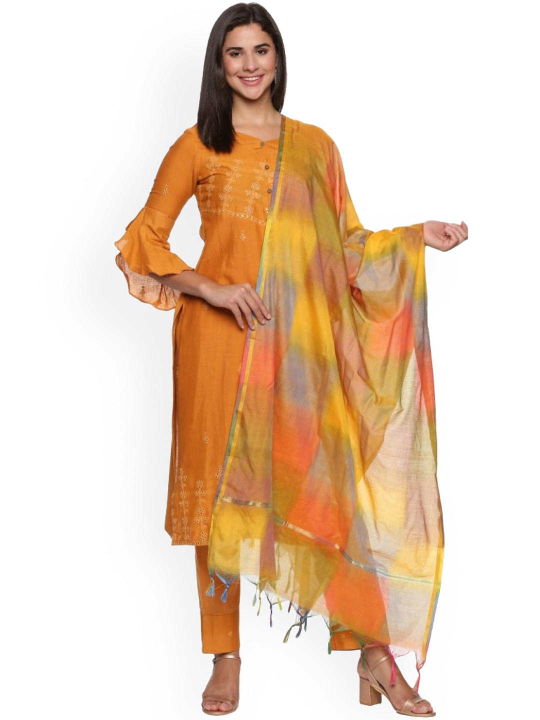

WEAVERS SAGA Floral Yoke Design Regular Thread Work Pure Cotton Kurta with Trousers & With, Orange