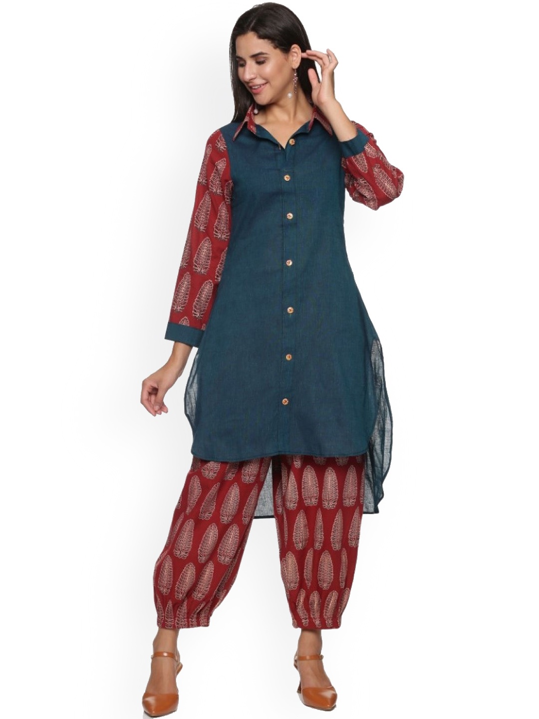 

WEAVERS SAGA Ethnic Motifs Printed Regular Pure Cotton Kurta with Harem Pants, Teal