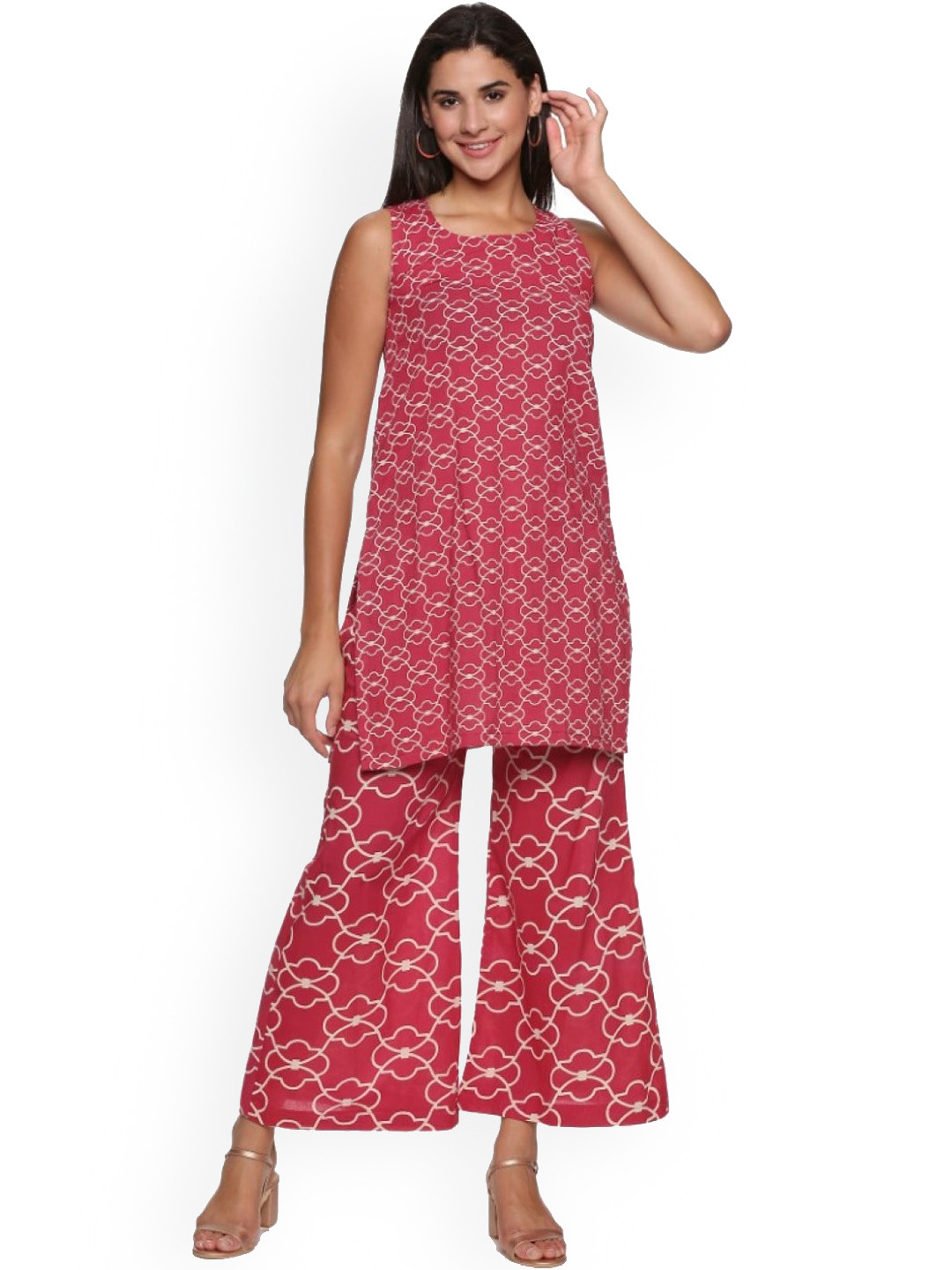 

WEAVERS SAGA Ethnic Motifs Printed Sleeveless Pure Cotton Kurta with Palazzos, Red