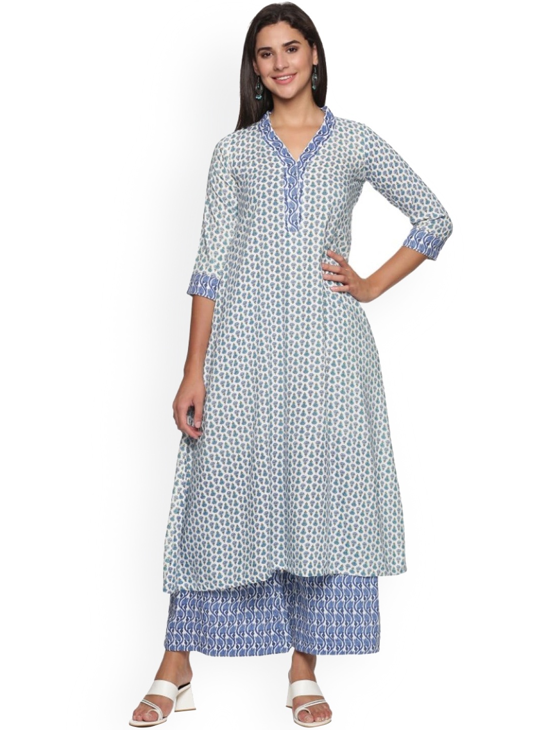 

WEAVERS SAGA Ethnic Motifs Printed Regular Pure Cotton Kurta with Palazzos, Blue