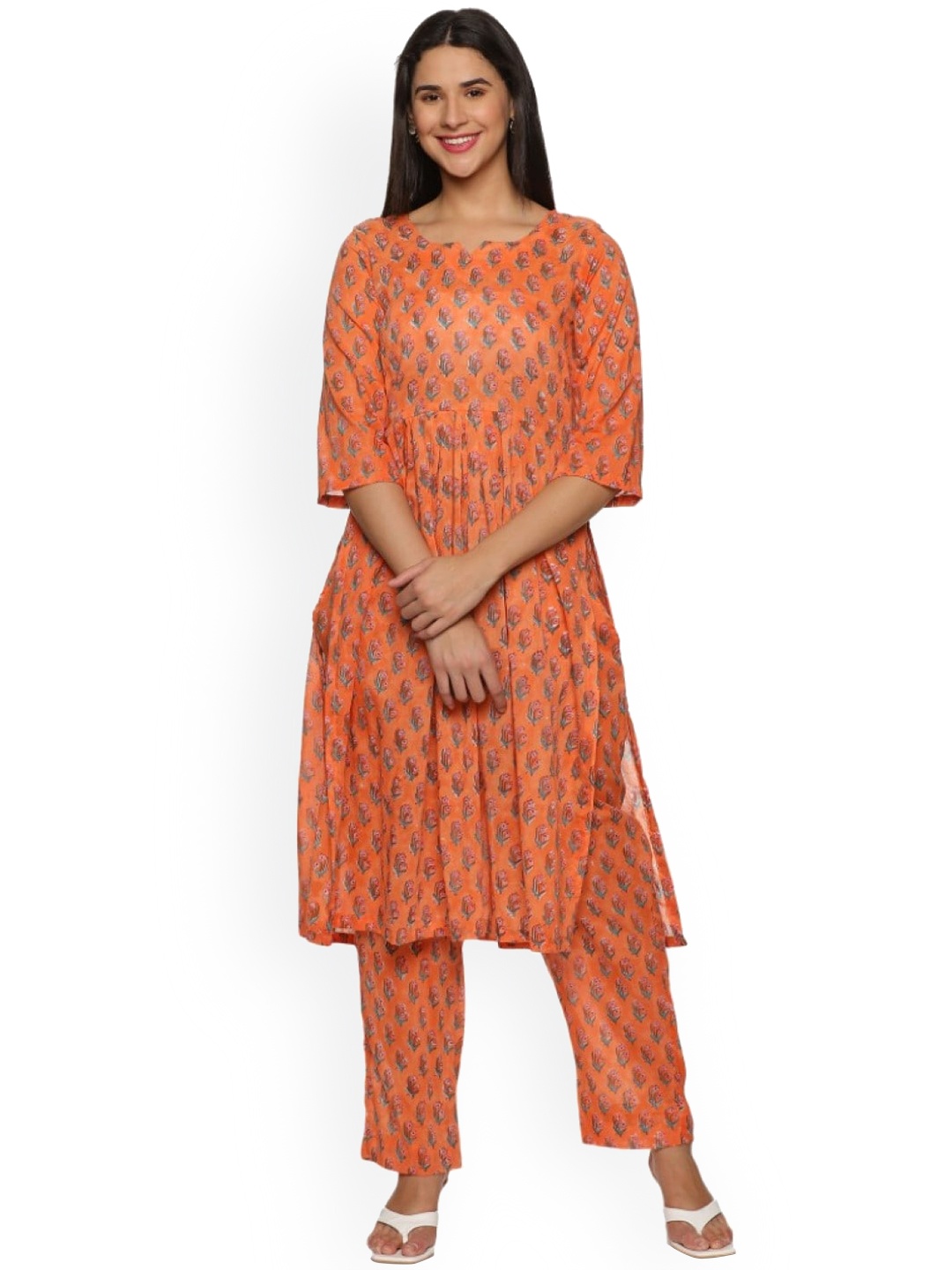 

WEAVERS SAGA Ethnic Motifs Printed Pure Cotton A-line Kurta with Trousers, Orange