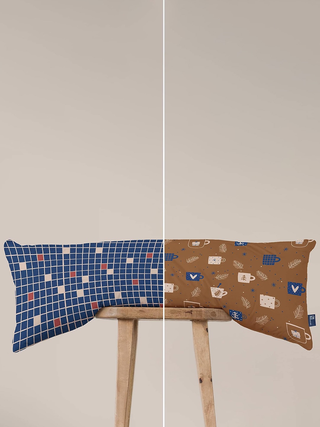 

THE WOOD WHITE Coffee Brown & Blue Printed Reversible Cotton Full Body Pillow Cover