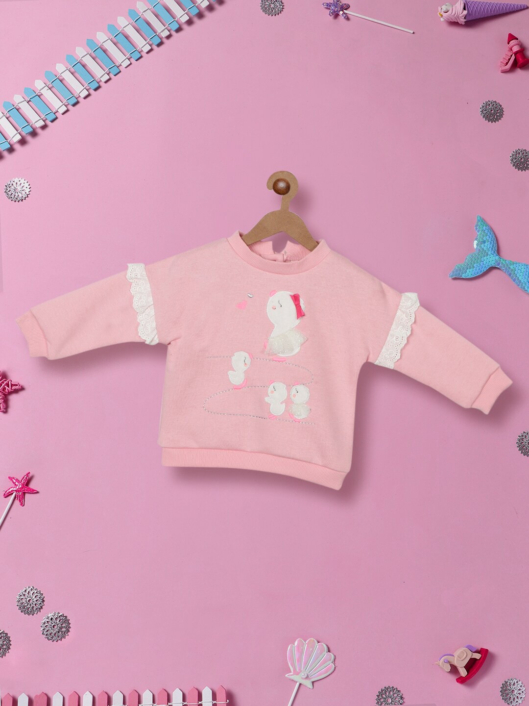 

Nauti Nati Infant Girls Graphic Printed Long Sleeves Antimicrobial Pure Cotton Pullover, Pink