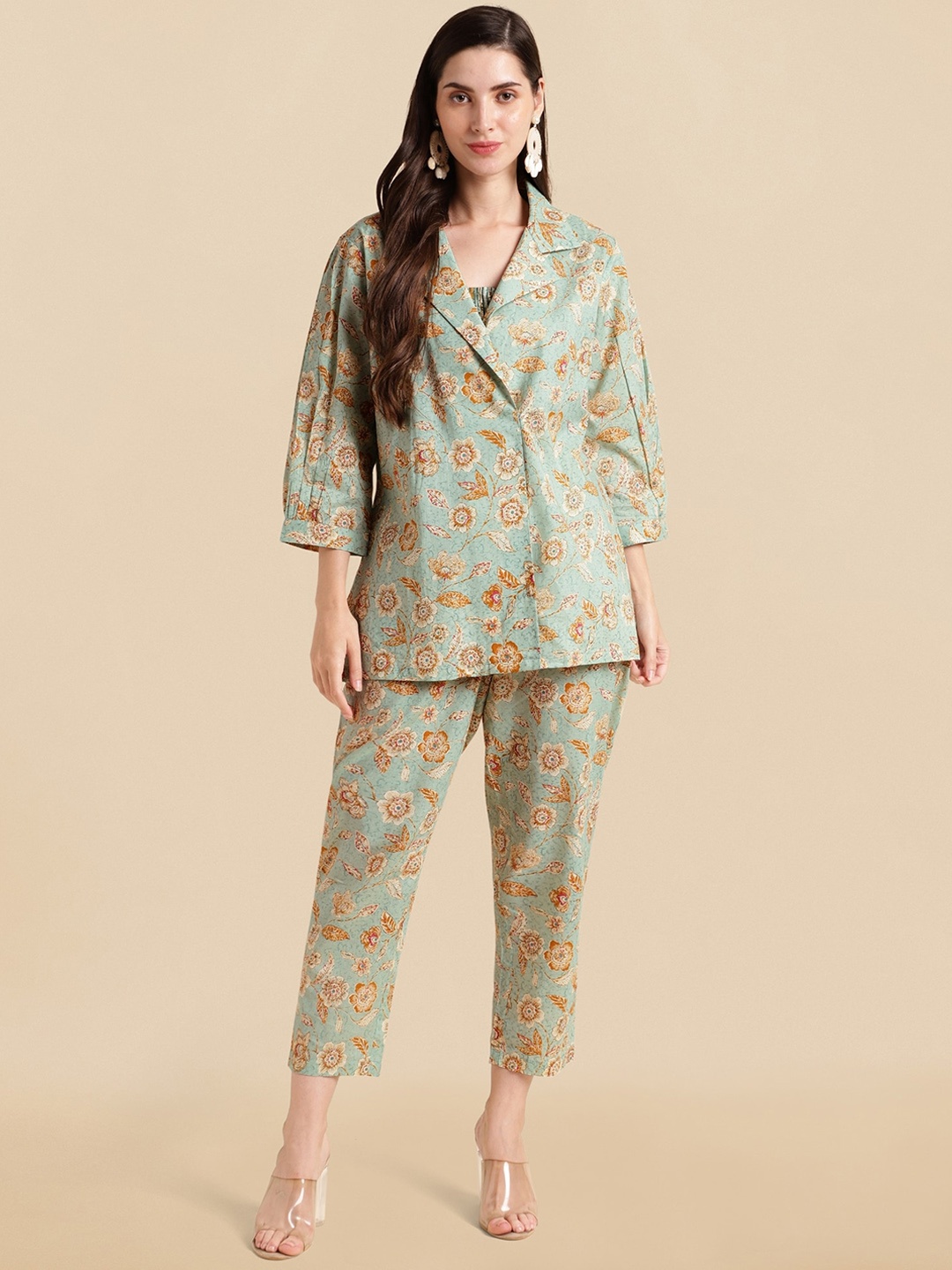 

KALINI Floral Printed Pure Cotton Top &Trousers With Jacket, Green