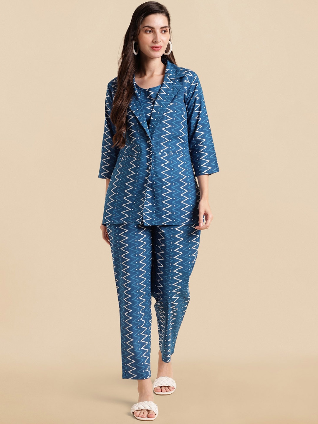

KALINI Chevron Printed Pure Cotton Top & Jacket With Trousers, Blue