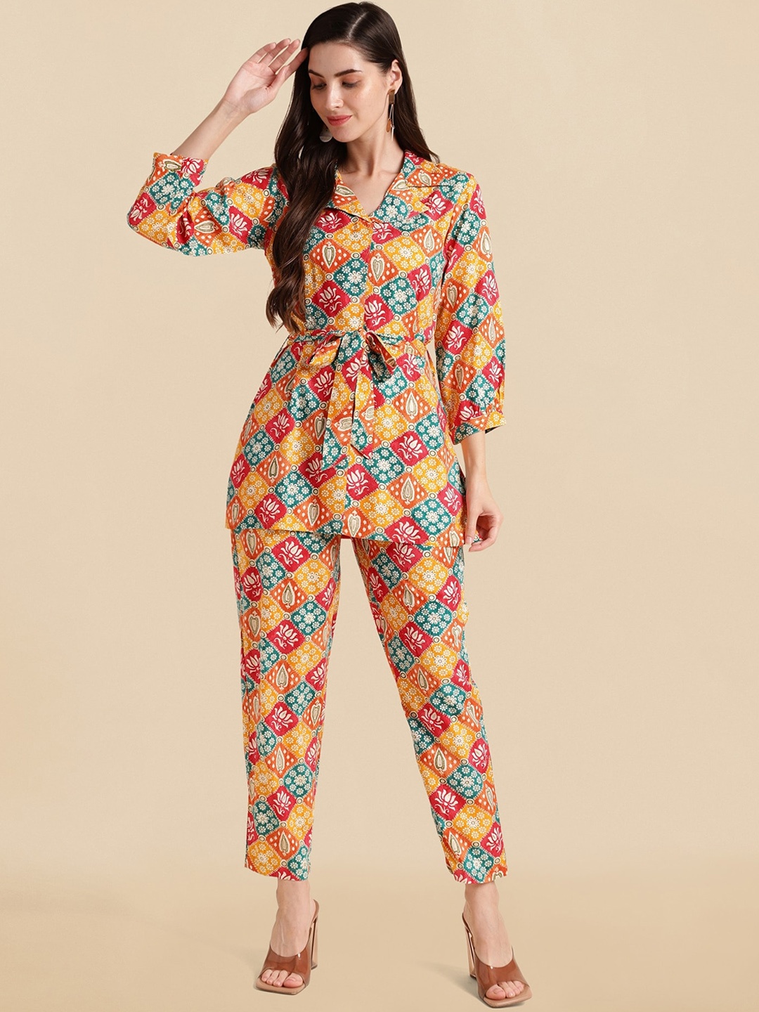 

KALINI Ethnic Motifs Printed Tunic & Trousers, Yellow