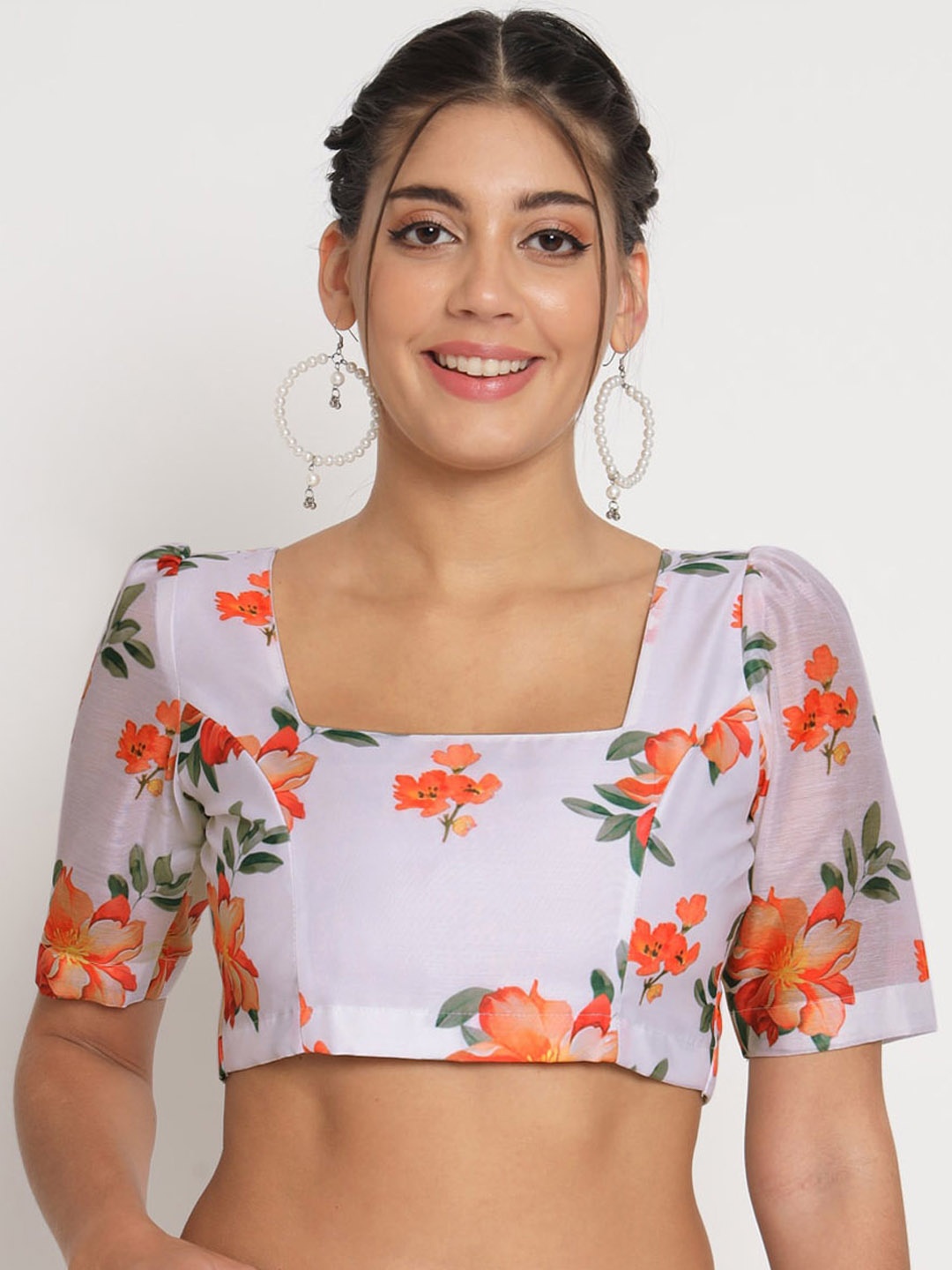 studio rasa Floral Printed Chanderi Saree Blouse, White