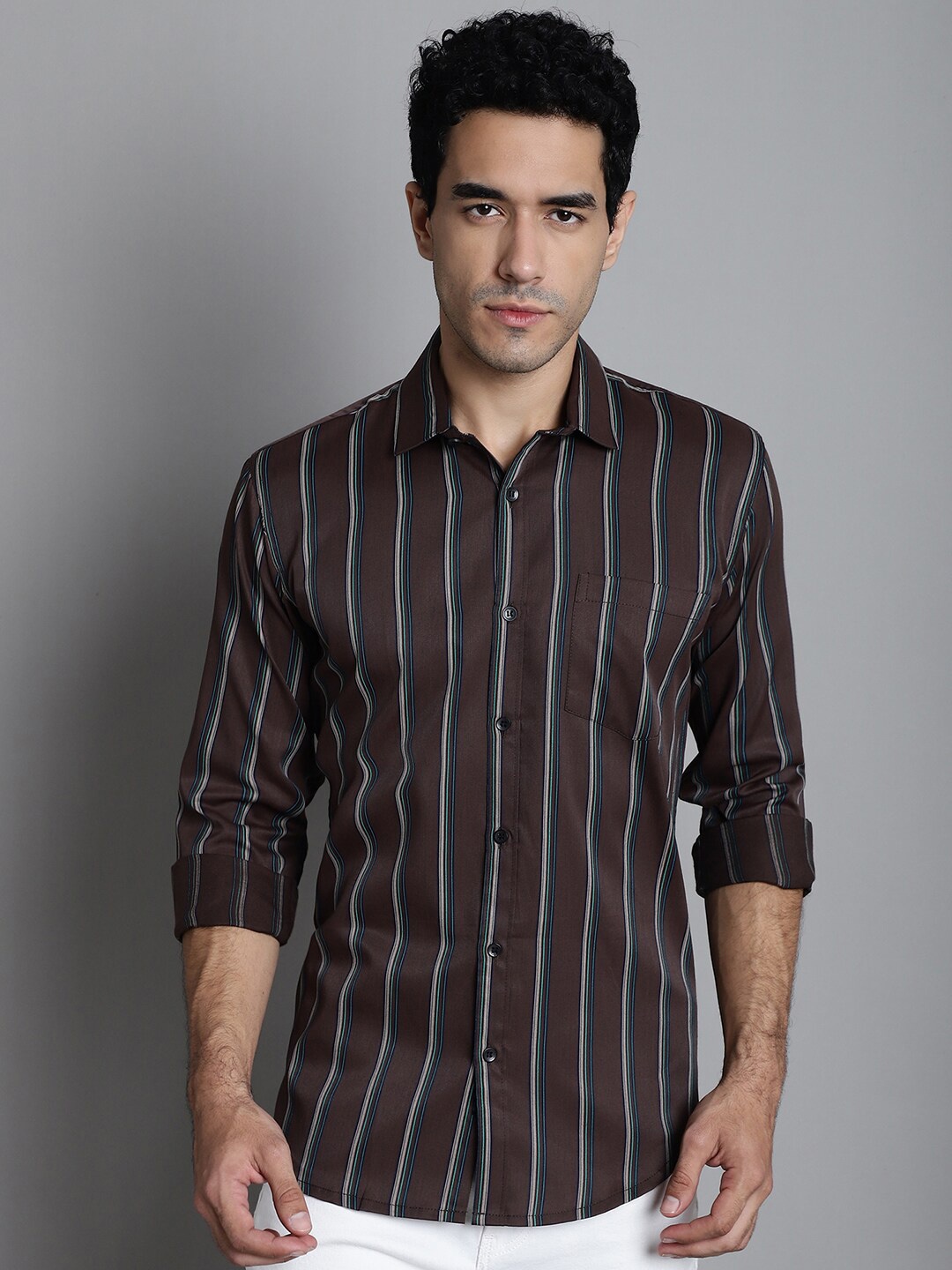 

HANUMNTRA Comfort Striped Casual Shirt, Brown