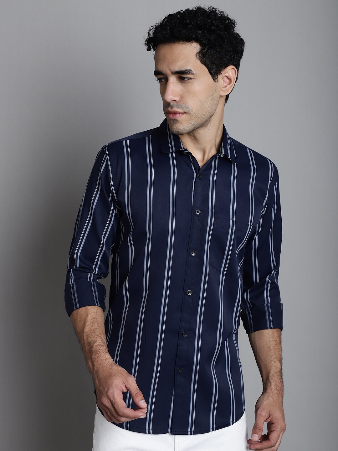 

HANUMNTRA Comfort Striped Spread Collar Long Sleeve Cotton Casual Shirt, Blue
