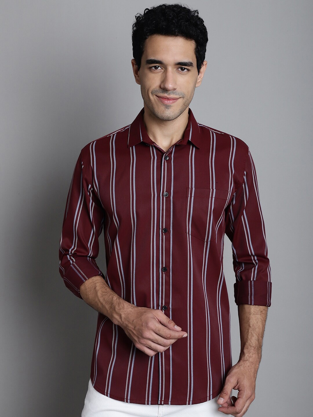 

HANUMNTRA Comfort Striped Casual Shirt, Maroon