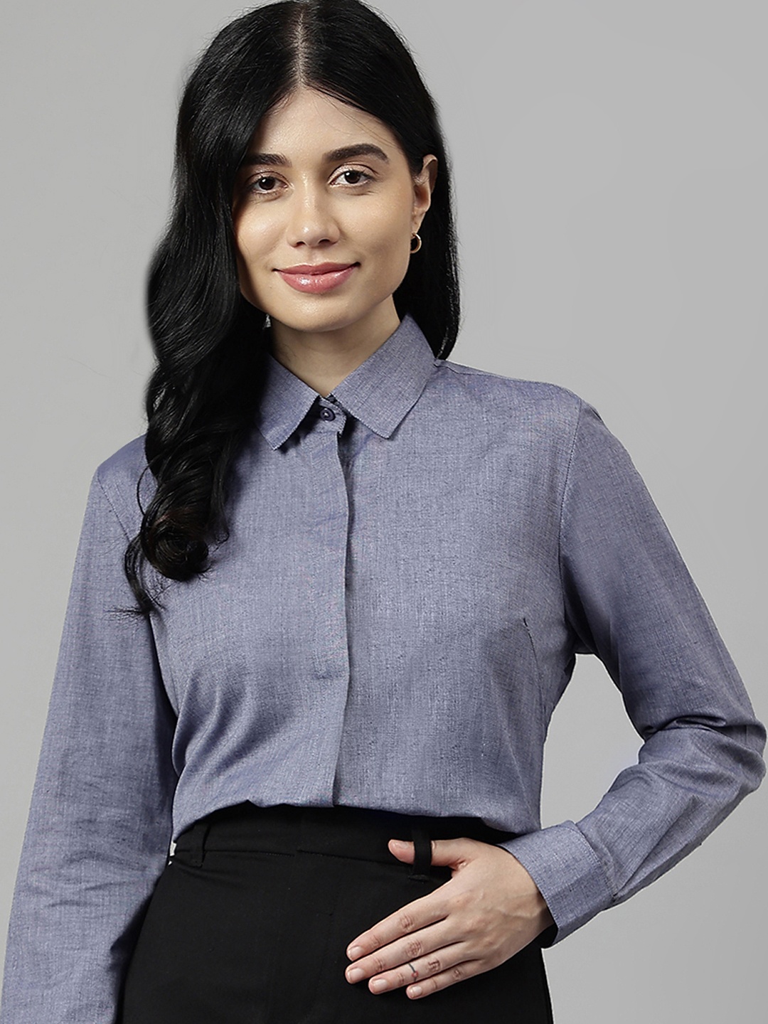 

English Navy Standard Spread Collar Concealed Button Placket Cotton Formal Shirt, Navy blue