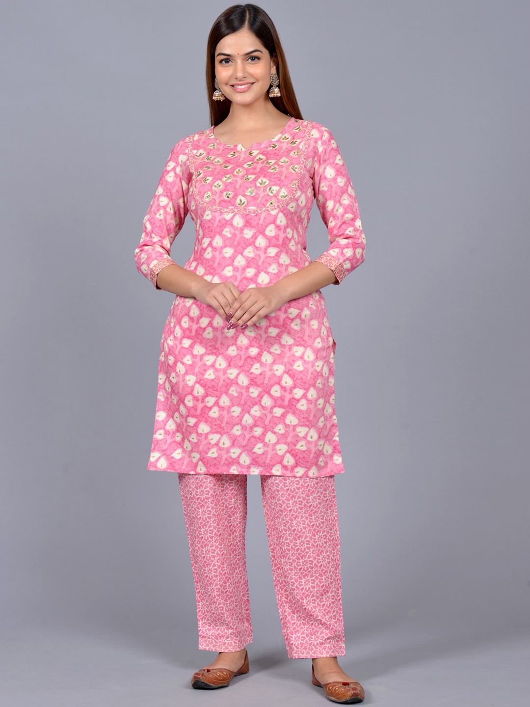 Neemiya Floral Printed Mirror Work Kurta with Trousers, Pink