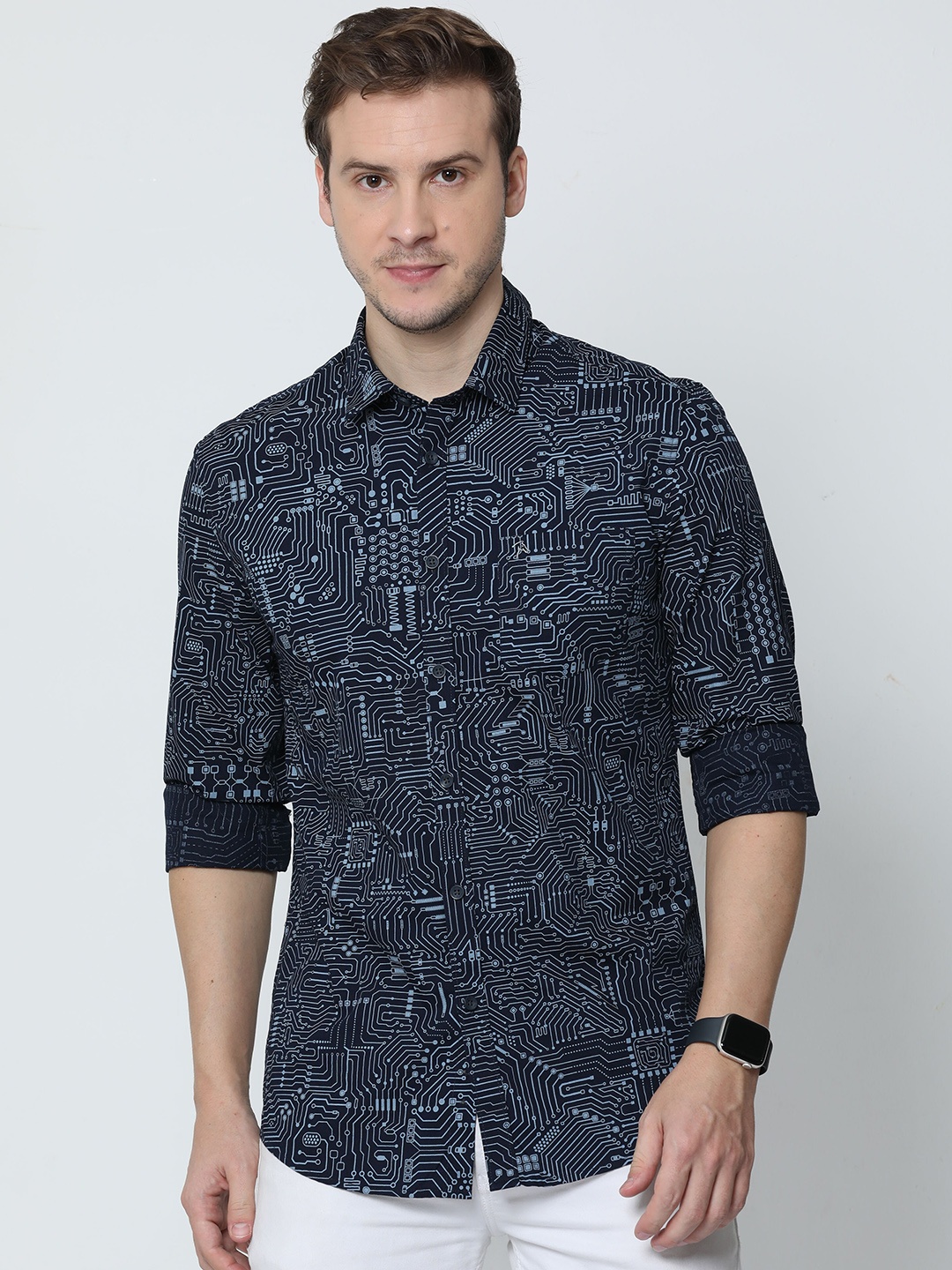 

CP BRO Standard Slim Fit Abstract Printed Cotton Casual Shirt, Navy blue