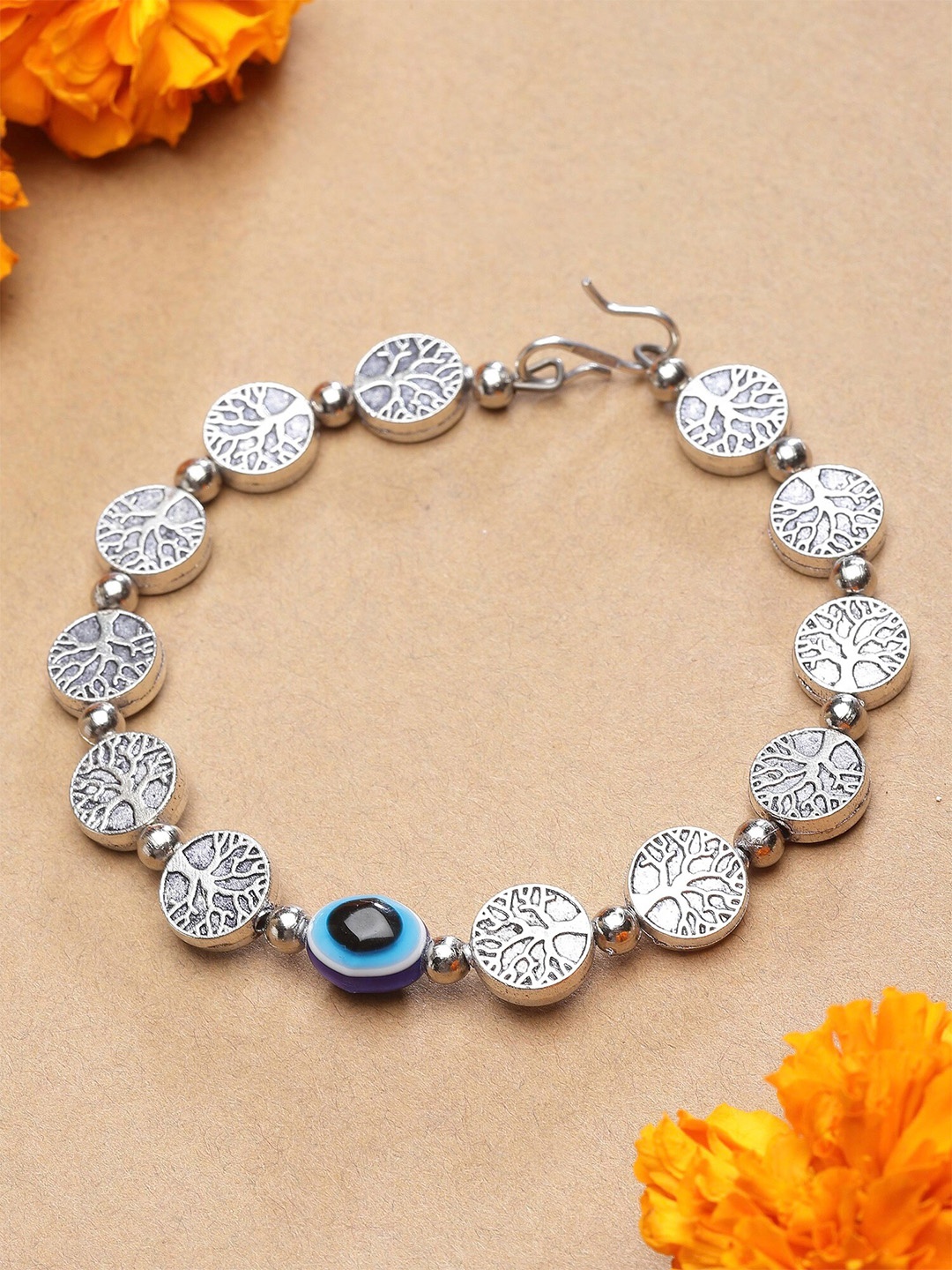 

Sanjog Men German Silver Oxidized Silver-Plated Link Evil Eye Bracelet