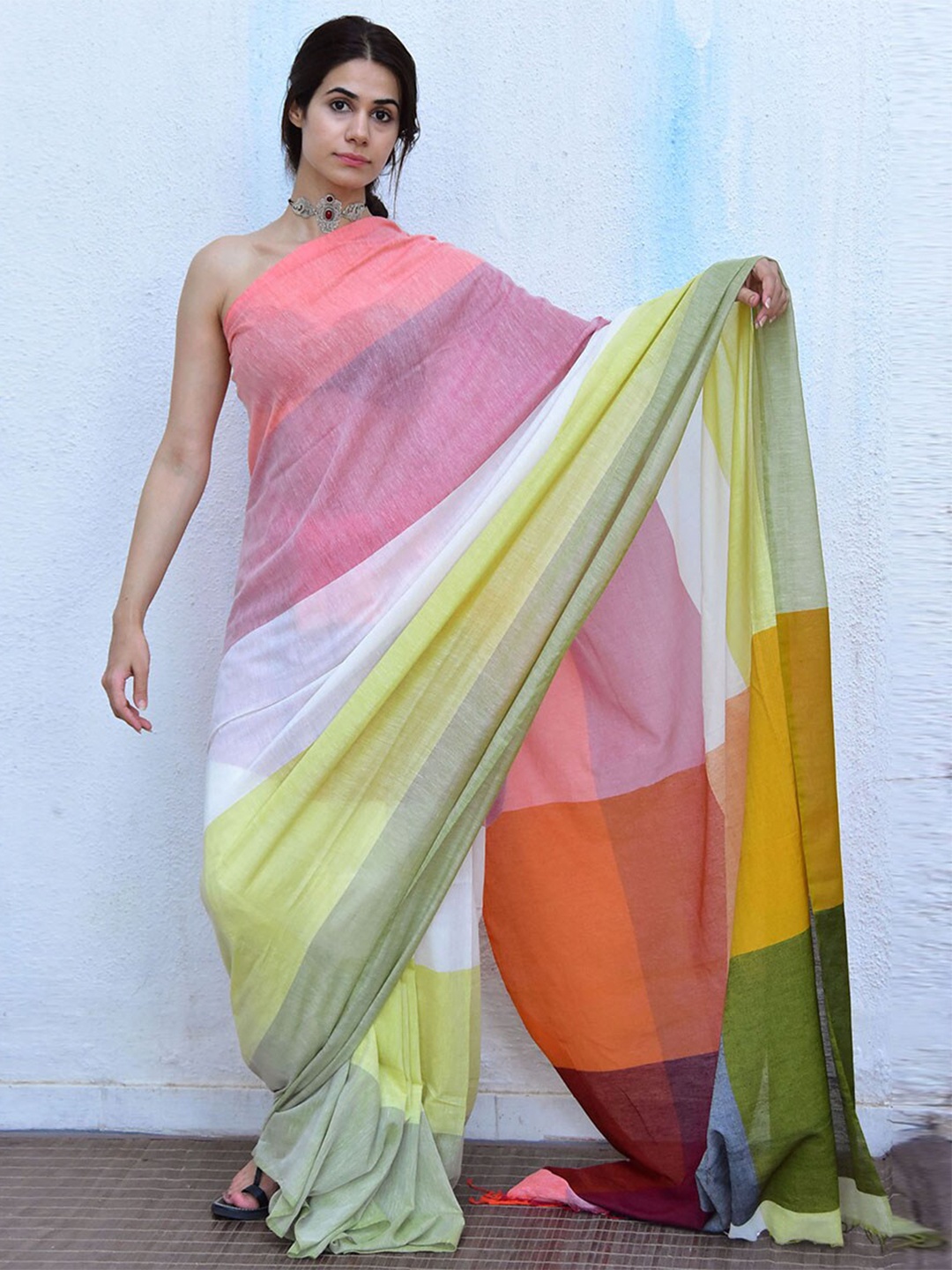 

Chidiyaa Colourblocked Pure Cotton Saree, Pink