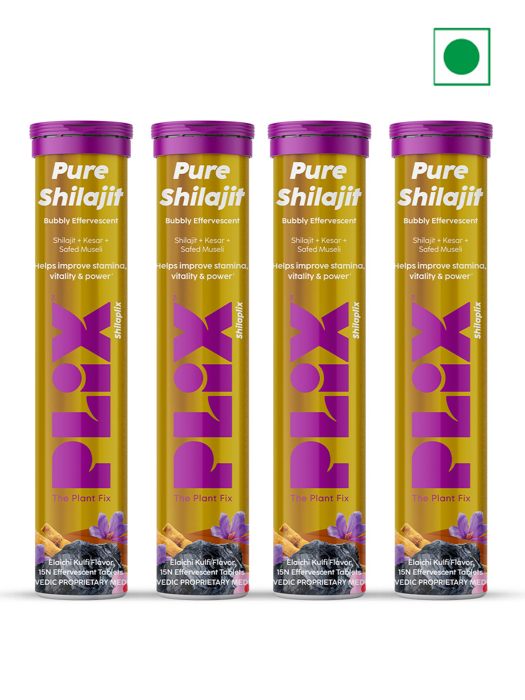

PLIX THE PLANT FIX Set Of 4 Shilajit- Kulfi & Elaichi Flavour-15 Effervescent Tablets Each, Yellow