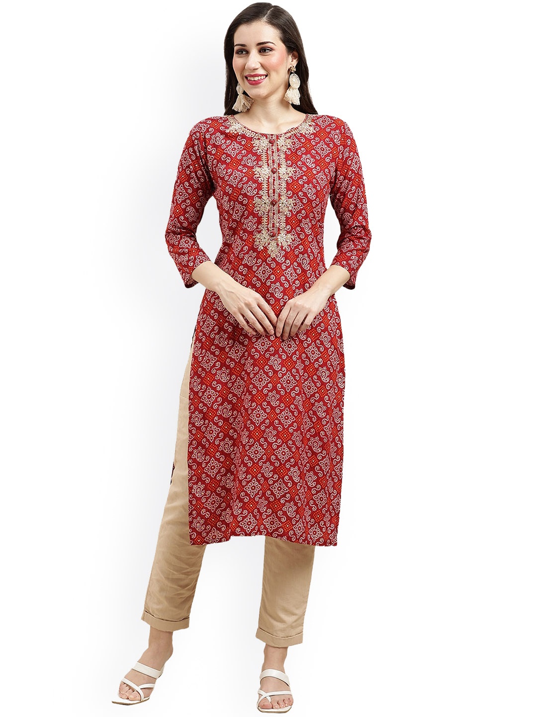 

Nimayaa Bandhani Printed Round Neck Straight Kurta, Red