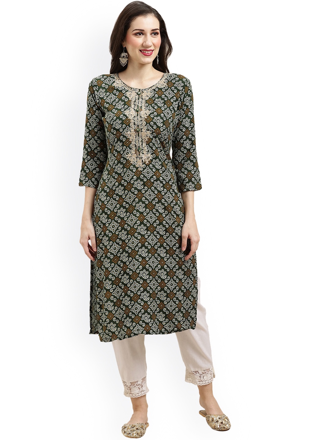 

Nimayaa Bandhani Printed Round Neck Straight Kurta, Green